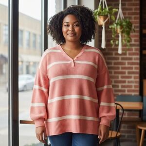 Terrace & Sky Womens 1X Pullover Sweater Striped Button V‎ Neck Knit Coral Pink